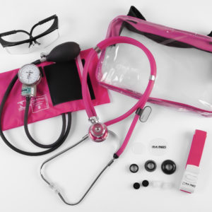 Kit Acadêmico com Bolsa Transparente rosa (Ap. Pressão Art. Adulto Nylon Fecho de Contato + Estetoscópio Rappaport – P.A. MED