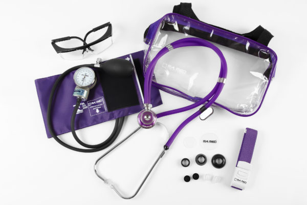 Kit Acadêmico com Bolsa Transparente roxo (Ap. Pressão Art. Adulto Nylon Fecho de Contato + Estetoscópio Rappaport – P.A. MED